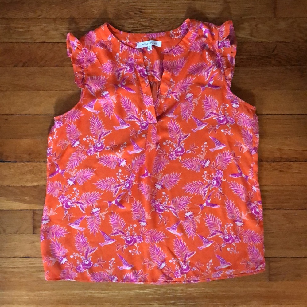 Rose & Olive Orange/Pink Ruffle Cap Sleeve Top, M